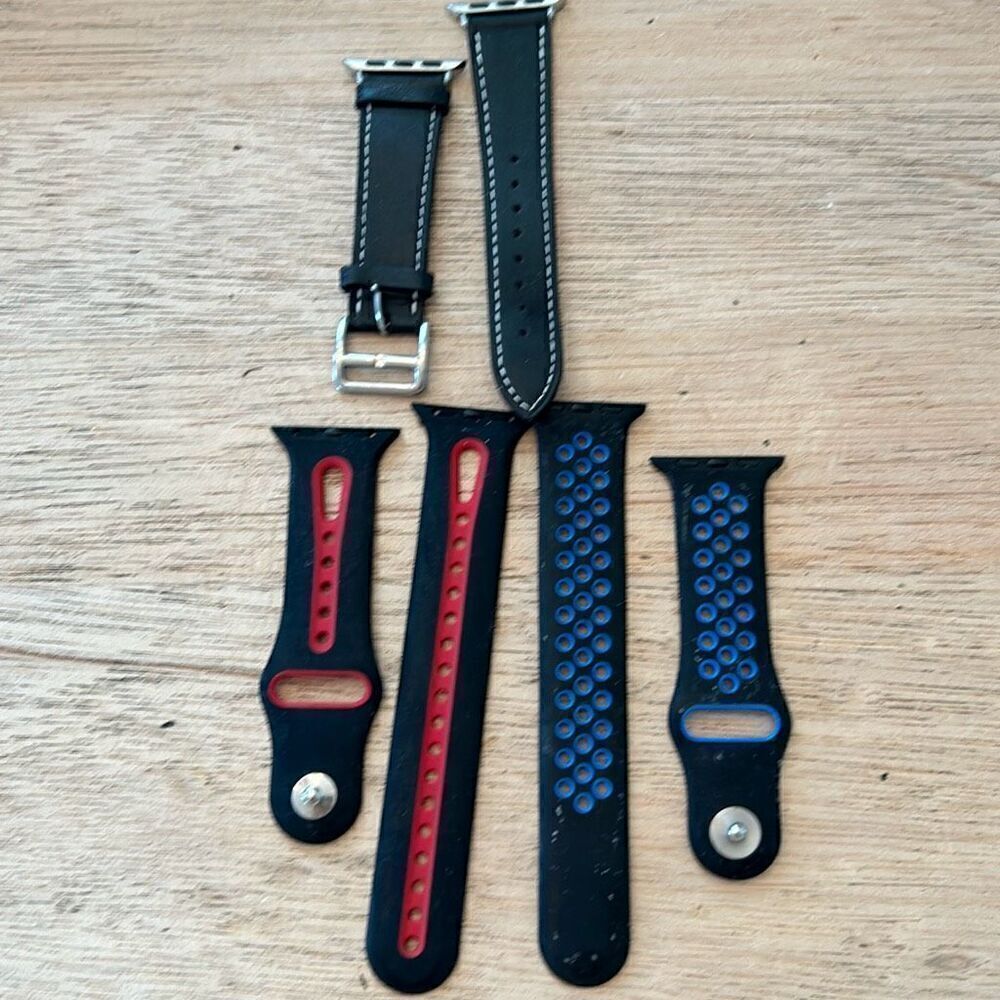 Apple watch funky bands lot of three. Silicone and leather black red blue